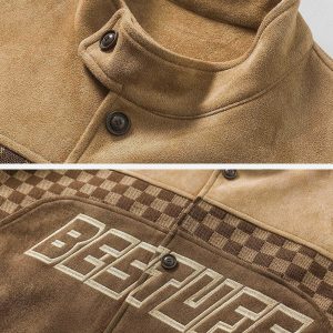 retro suede checkerboard jacket   urban patchwork design 7750