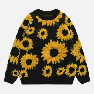 retro sunflower flocking sweater vintage charm 5078