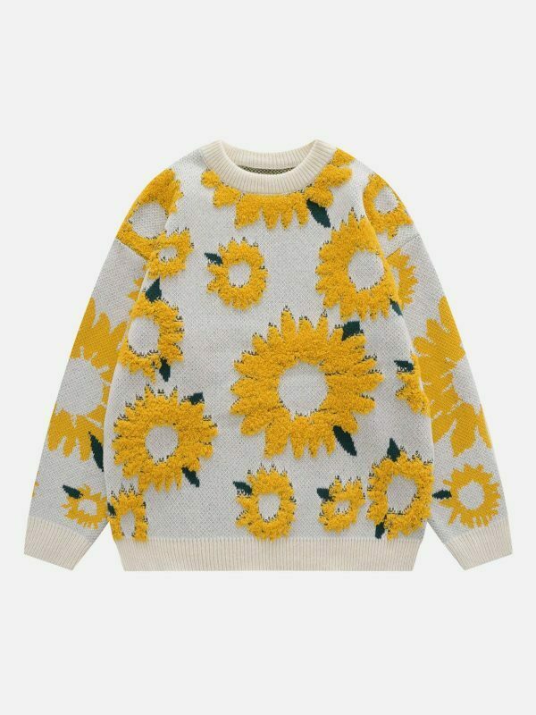 retro sunflower flocking sweater vintage charm 6920