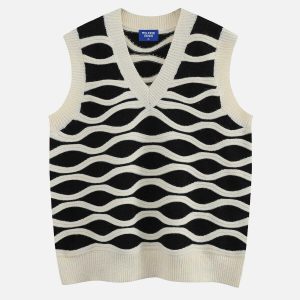 retro wavy striped vest   chic v neck streetwear 1248