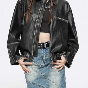 retro zip up faux leather jacket chic urban appeal 5276