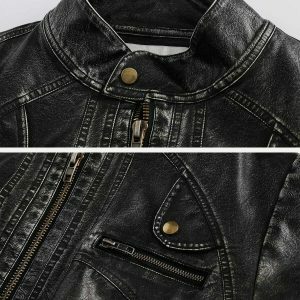 sleek washed faux leather jacket urban racing style 3111