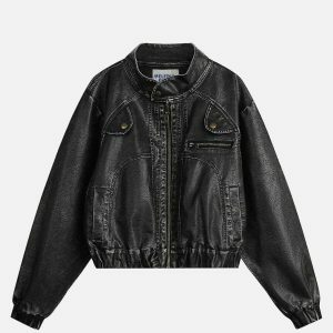 sleek washed faux leather jacket urban racing style 4340