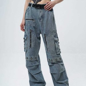 sleek zip up jeans with multi pockets for urban chic 8627