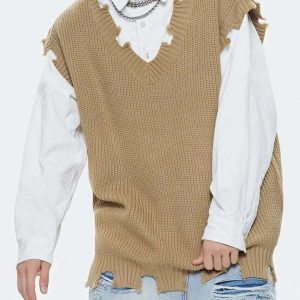 solid color sweater vest with edgy breakage design 5914