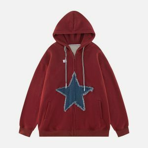 starlight denim patchwork hoodie   youthful urban appeal 4936