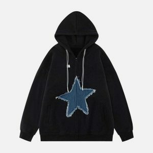 starlight denim patchwork hoodie   youthful urban appeal 7684