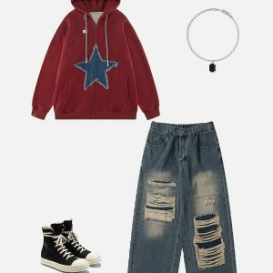 starlight denim patchwork hoodie   youthful urban appeal 8637