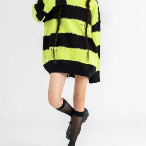 striped jacquard sweater with ripped detail   urban chic 7426