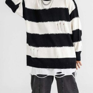 striped jacquard sweater with ripped detail   urban chic 8807