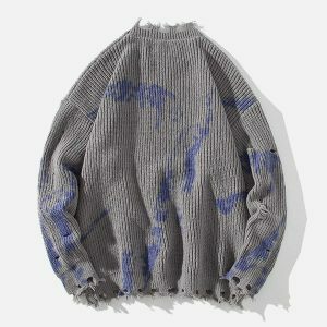 tie dye ripped hole knit sweater edgy & vibrant streetwear 3103
