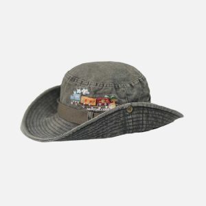 train embroidery washed distressed casual cargo hat 7274
