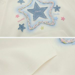 trendy denim hoodie with star applique youthful charm 7666