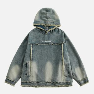 trendy fringe denim hoodie   washed & youthful appeal 4358