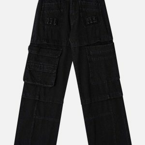 trendy multi pocket jeans patchwork & straight leg fit 1786