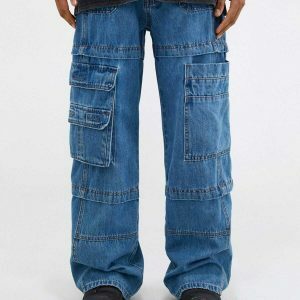 trendy multi pocket jeans patchwork & straight leg fit 3541