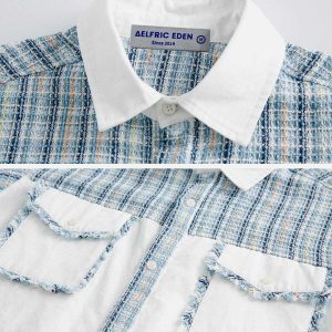trendy plaid patchwork shirts   youthful urban style 8483