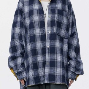 trendy plaid reversible shirt   chic & versatile streetwear 8656