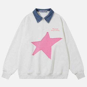 trendy star print polo sweatshirt   urban chic appeal 4509