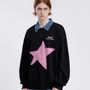 trendy star print polo sweatshirt   urban chic appeal 5839
