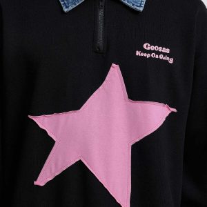 trendy star print polo sweatshirt   urban chic appeal 5973