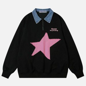trendy star print polo sweatshirt   urban chic appeal 6382