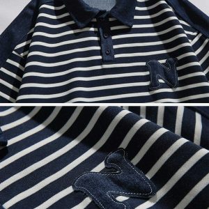 trendy stripe denim polo sweatshirt   patchwork urban chic 4554