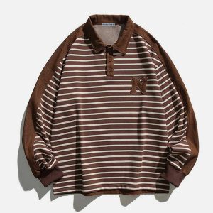 trendy stripe denim polo sweatshirt   patchwork urban chic 5899