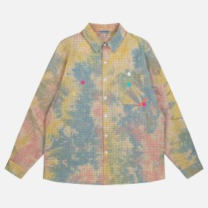 trendy tie dye plaid shirt youthful long sleeve design 6205