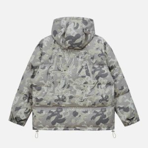 urban camo coat with embroidered letters winter chic 7342