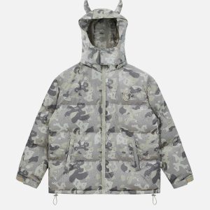urban camo coat with embroidered letters winter chic 8757