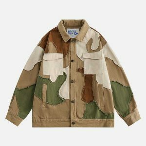 urban camo fringe jacket   edgy patchwork design 1834