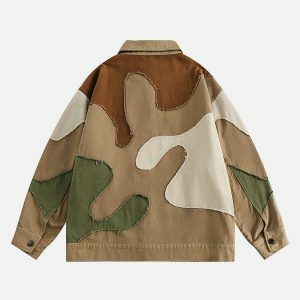 urban camo fringe jacket   edgy patchwork design 7616