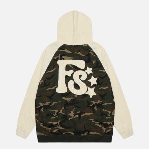 urban camo hoodie edgy patchwork design & y2k vibe 3921