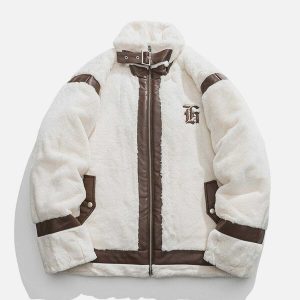 urban chic pu leather & sherpa patchwork coat 6946