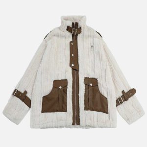 urban chic pu patchwork sherpa coat   trendy & warm 2687