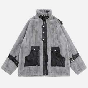 urban chic pu patchwork sherpa coat   trendy & warm 3673