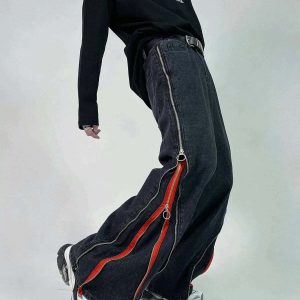 urban stripe zip jeans   sleek & trendy streetwear classic 3433
