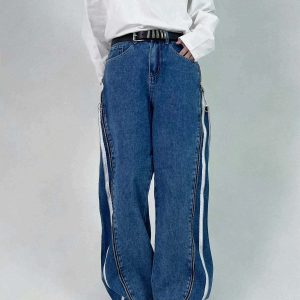 urban stripe zip jeans   sleek & trendy streetwear classic 3831