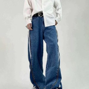 urban stripe zip jeans   sleek & trendy streetwear classic 5099