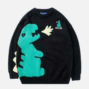 vibrant dinosaur jacquard sweater urban streetwear 8647