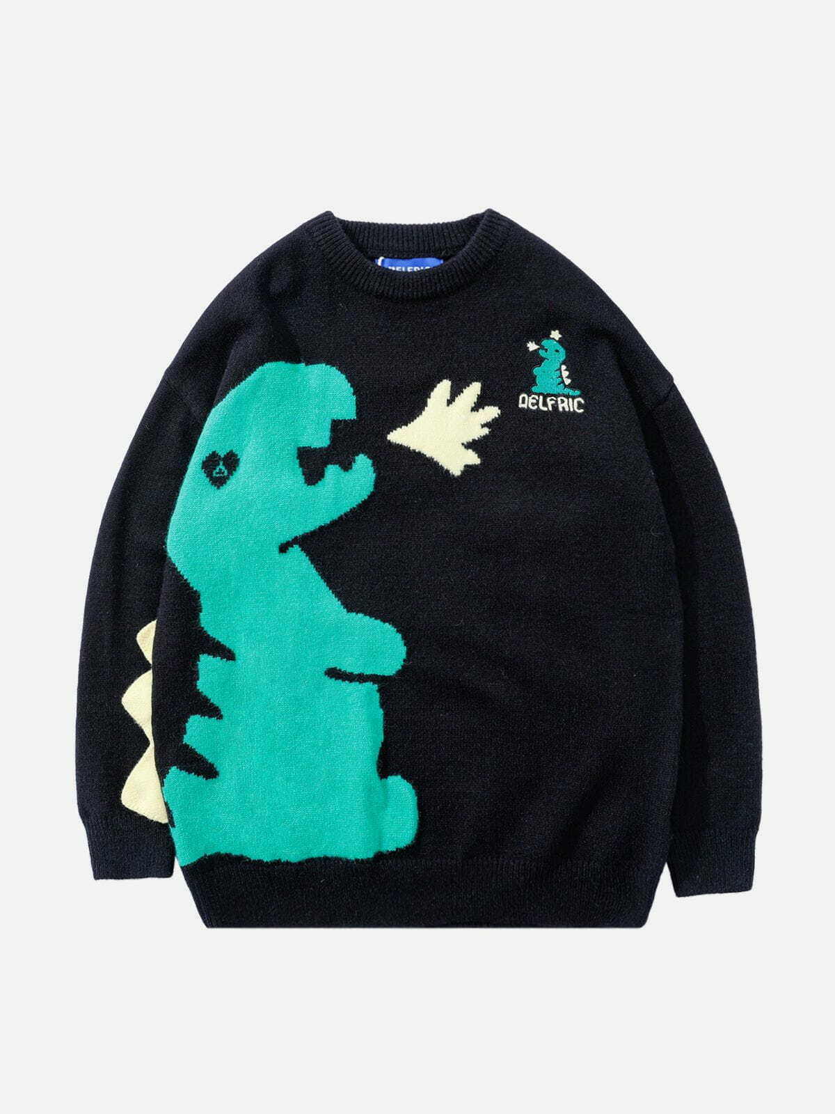 vibrant dinosaur jacquard sweater urban streetwear 8647