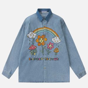 vibrant embroidery rainbow shirt   youthful long sleeve style 4155