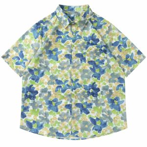 vibrant floral print shirt short sleeve & contrasting colors 4569