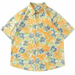 vibrant floral print shirt short sleeve & contrasting colors 8370