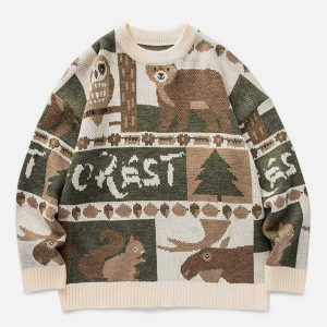 vibrant owl bear print sweater y2k streetwear 5456