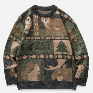 vibrant owl bear print sweater y2k streetwear 6430