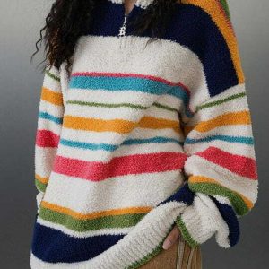 vibrant rainbow stripe sweater   chic half zip design 4448