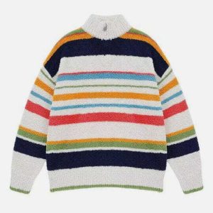 vibrant rainbow stripe sweater   chic half zip design 5960