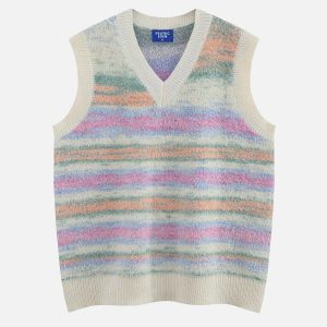 vibrant rainbow striped vest   youthful oversized fit 5213